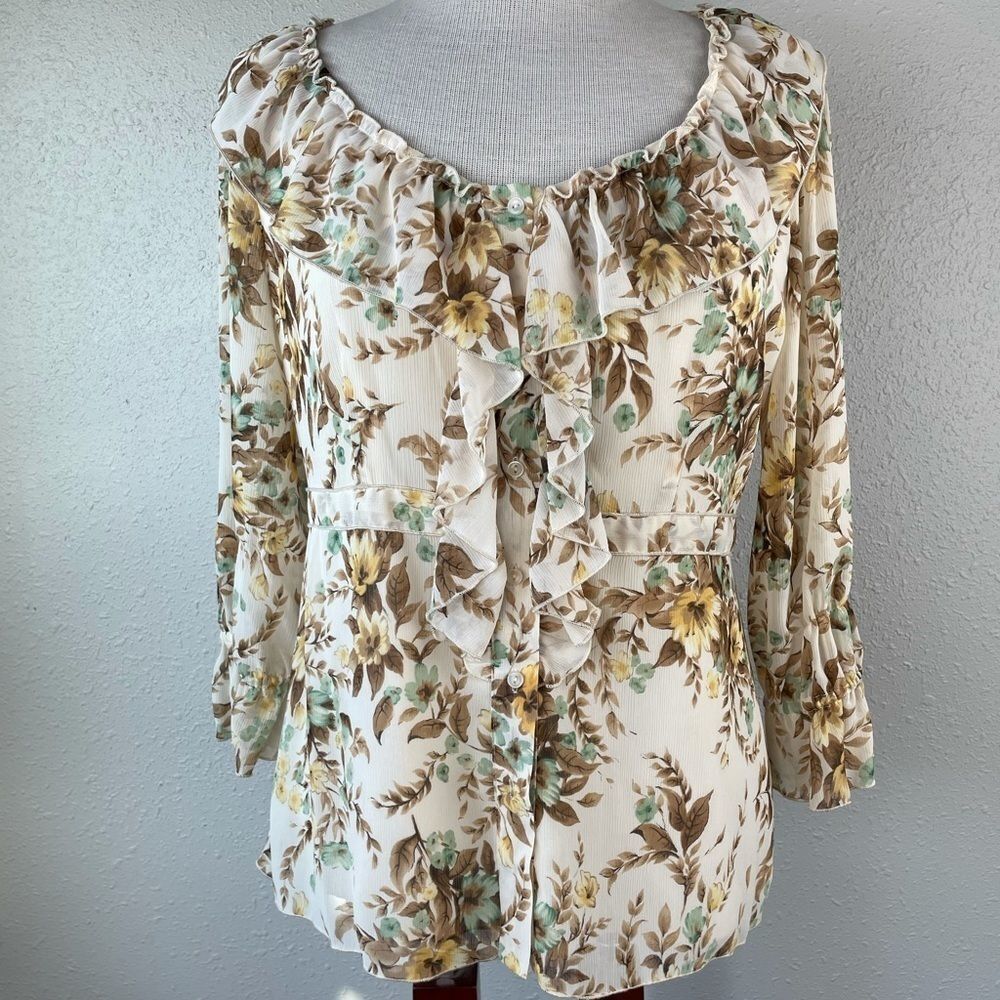 Nine West Floral and Leaf Blouse Top Size 10 EUC